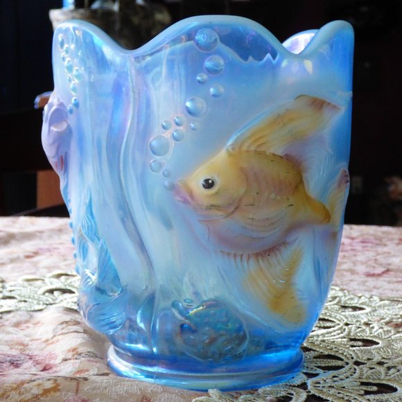 Fenton Other - FENTON BLUE OPALESCENT SCALLOPED RIM FISH BOWL VASE PLANTER HANDPAINTED SIGNED